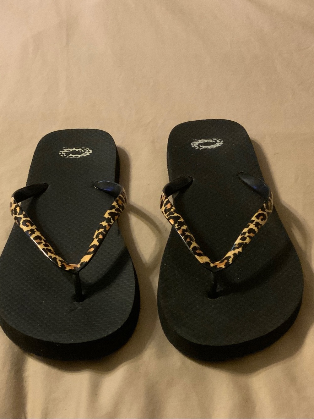 Black Flip Flop Sandals with Leopard-Print Straps